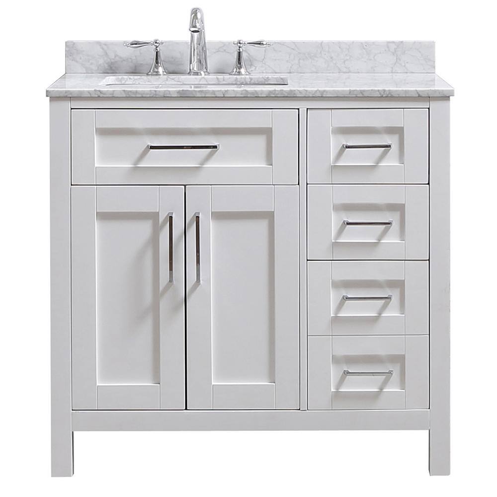 Home Decorators Collection Riverdale 36 in. W x 21 in. D Vanity in White with a Carrara Marble Vanity Top in White with white Sink Riverdale 36W