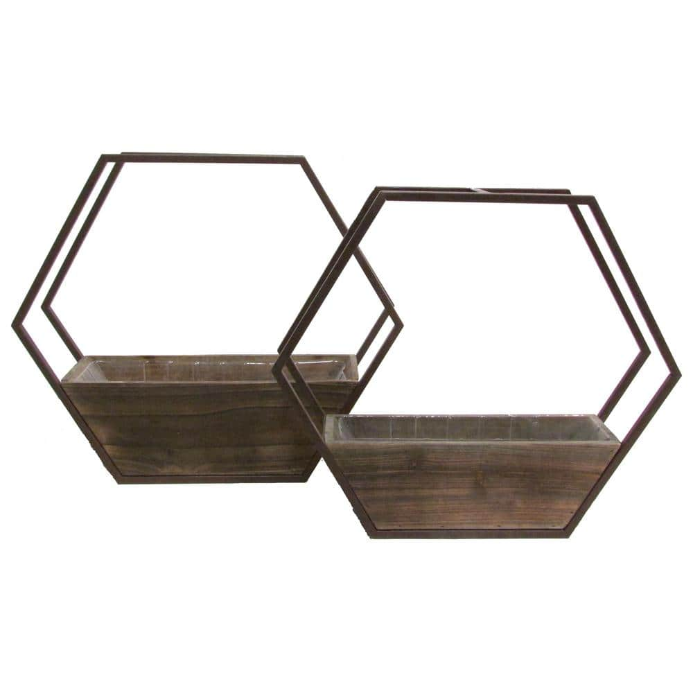 ADMIRED BY NATURE Hexagon Wood and Metal Framing Wall Hanging Planters with Hard Liners ABN5E067-BR