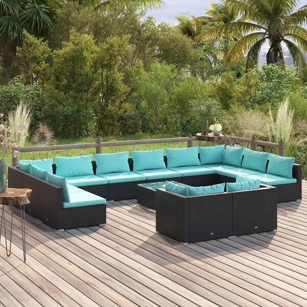 13 Piece Patio Lounge Set with Cushions Black Poly Rattan