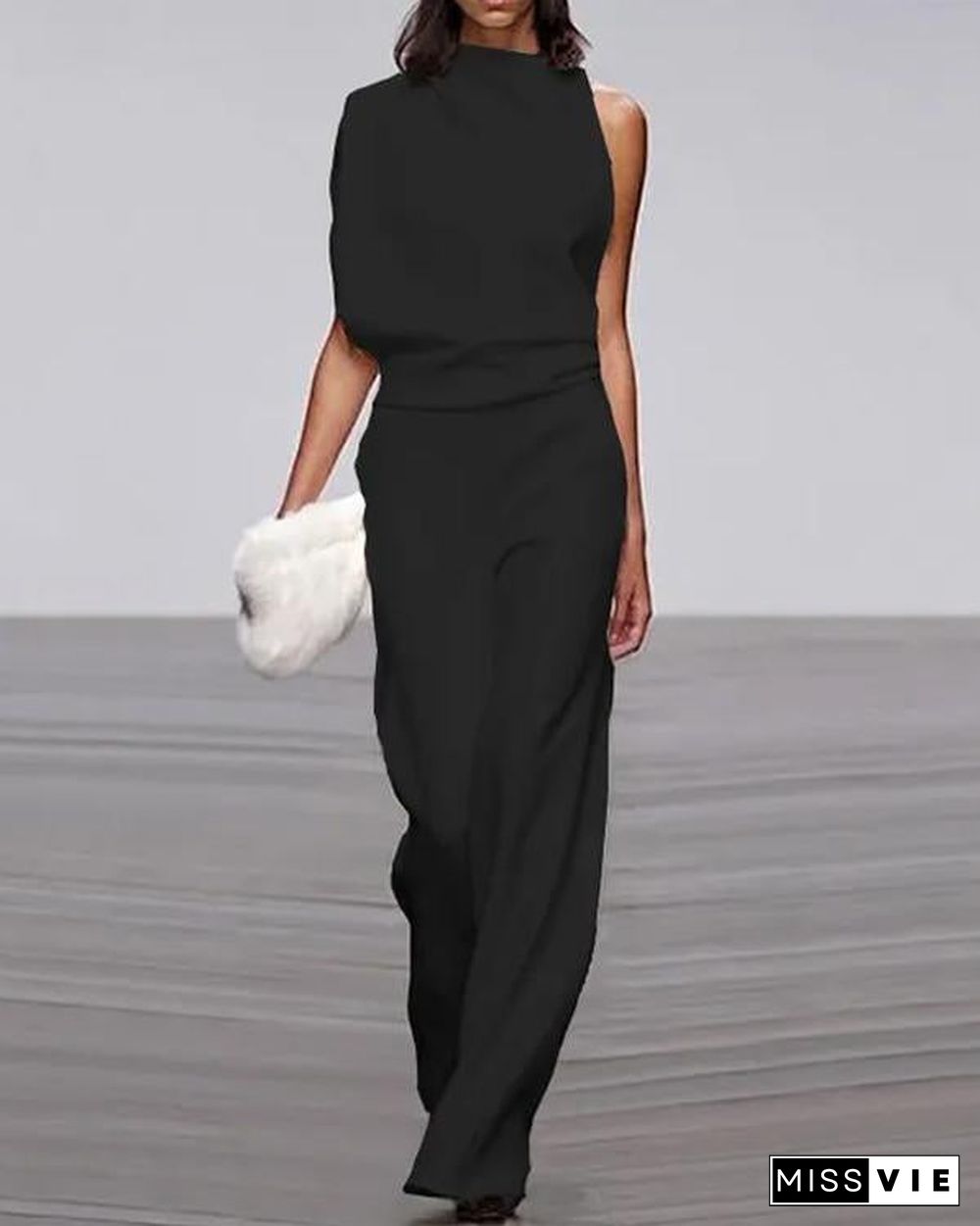 One Shoulder Pile Collar Jumpsuit