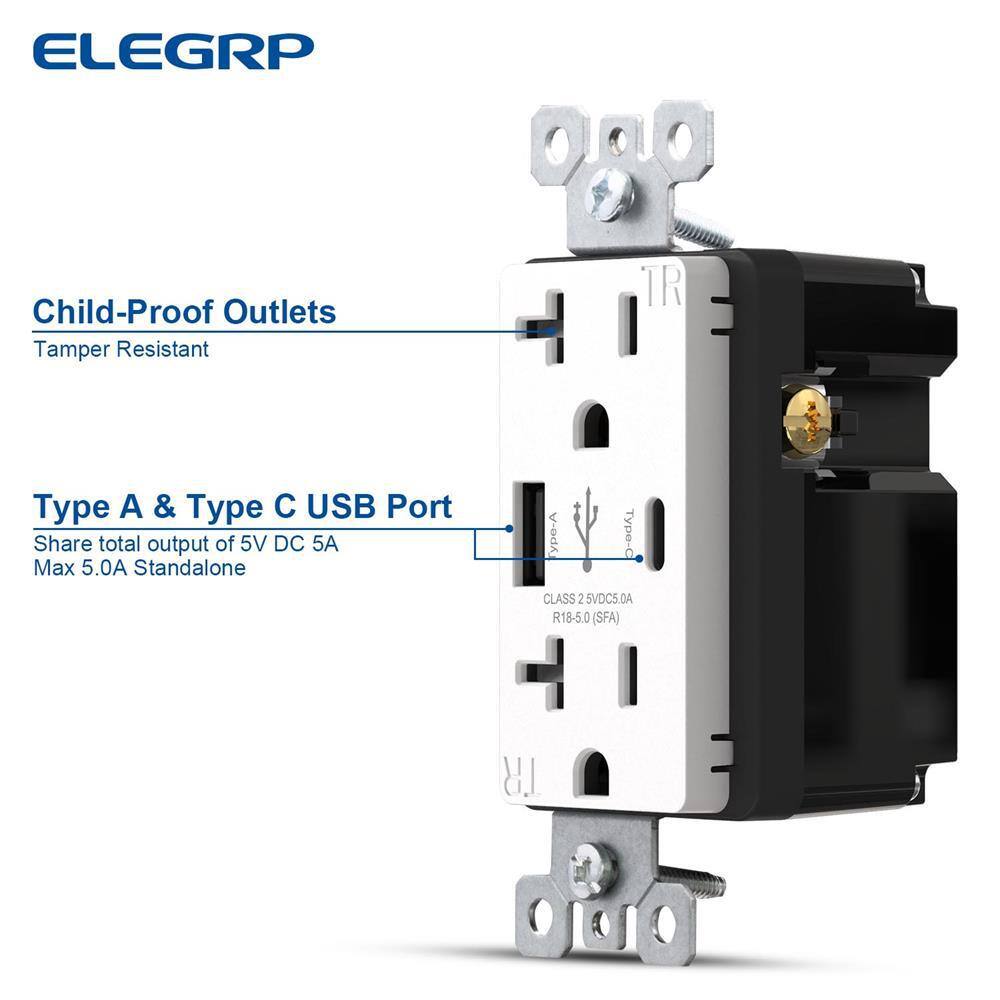 ELEGRP 25-Watt 20 Amp Type A  C Dual USB Wall Charger with Duplex Tamper Resistant Outlet Wall Plate Included White (2-Pack) R1820D50AC-WH2-SW