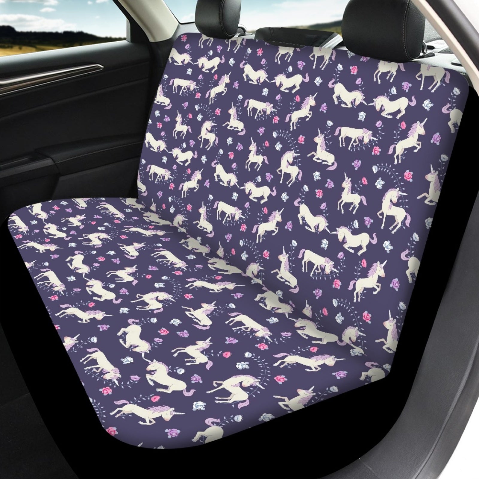 Xoenoiee Car Seat Covers 4 Pcs Full Set， Horse Unicorn Design Auto Front Seat and Rear Split Bench Seat Cover Auto Accessories Universal Fit