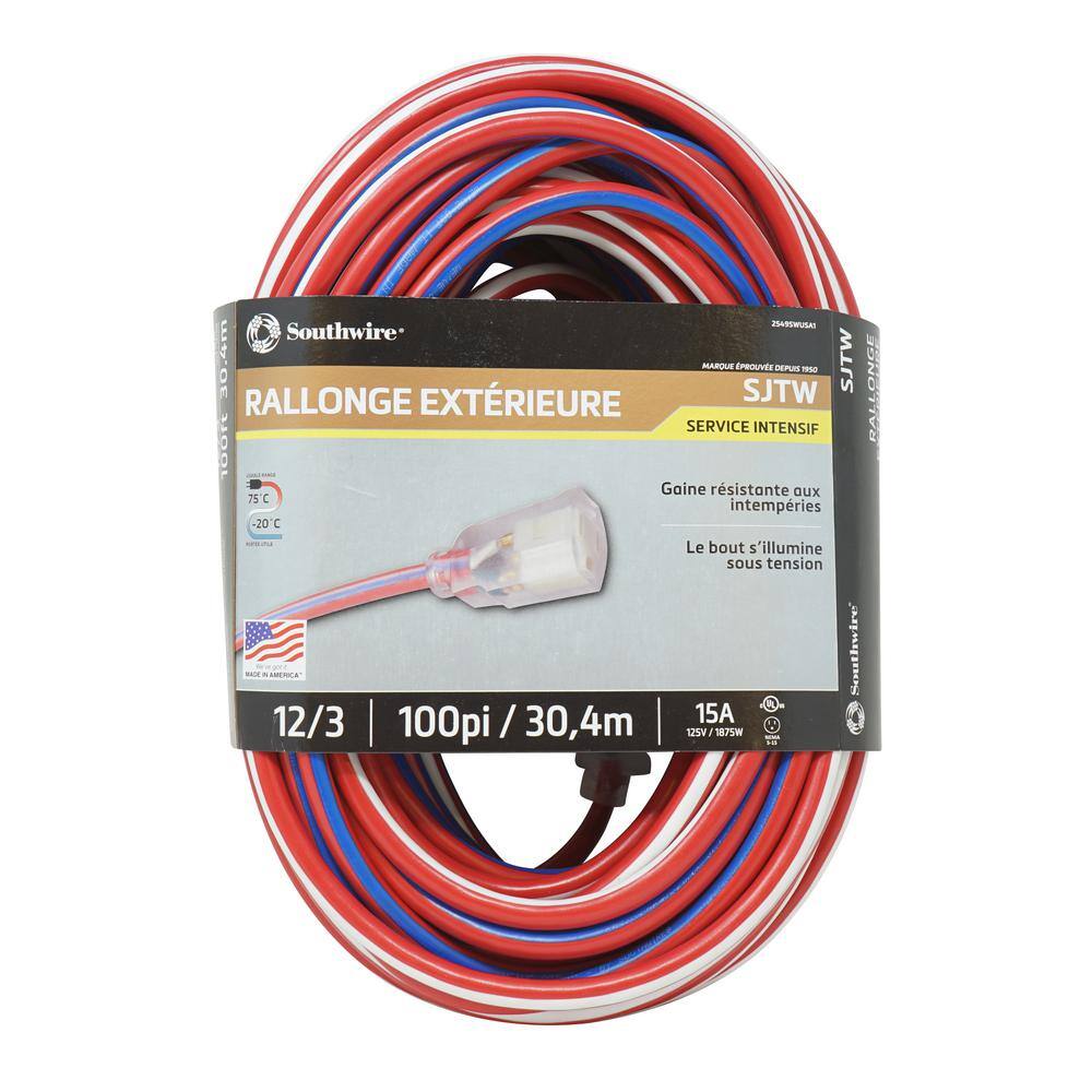 Southwire 100 ft. 123 SJTW USA Outdoor Heavy-Duty Extension Cord with Power Light Plug 2549SWUSA1