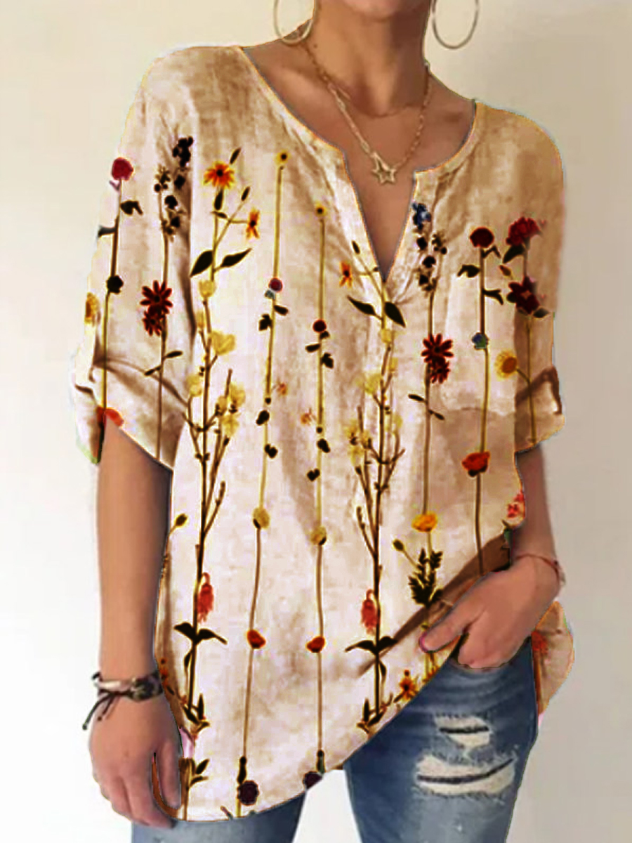 Ladies V-neck Floral Print Fashion Short-sleeved Blouse