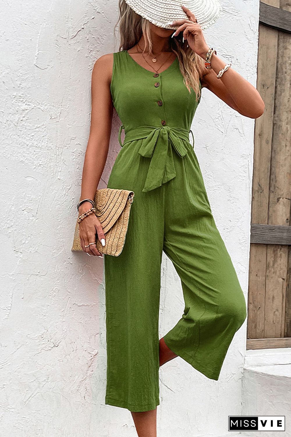 Plain V Neck Buttoned Wide Leg Jumpsuit With Sash