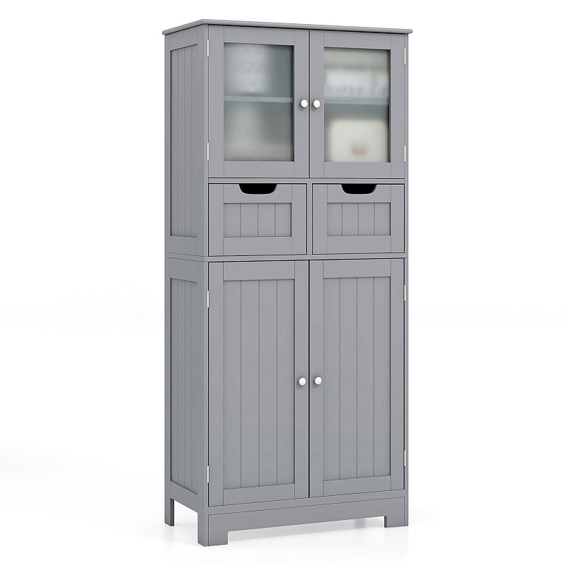 4 Door Freee-Standing Bathroom Cabinet with 2 Drawers and Glass Doors