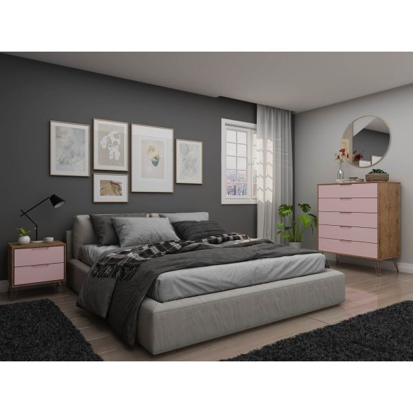 Rockefeller Tall 5- Dresser and 2-Drawer Nightstand in Nature and Rose Pink