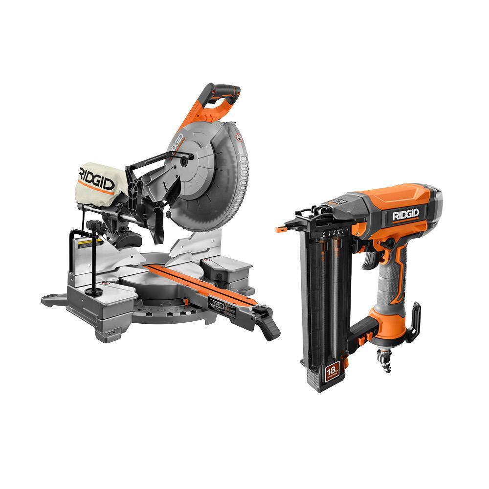 RIDGID 15 Amp Corded 12 in. Dual Bevel Sliding Miter Saw with Pneumatic 18-Gauge 2-18 in. Brad Nailer with Tool Bag R4222-R213BNF