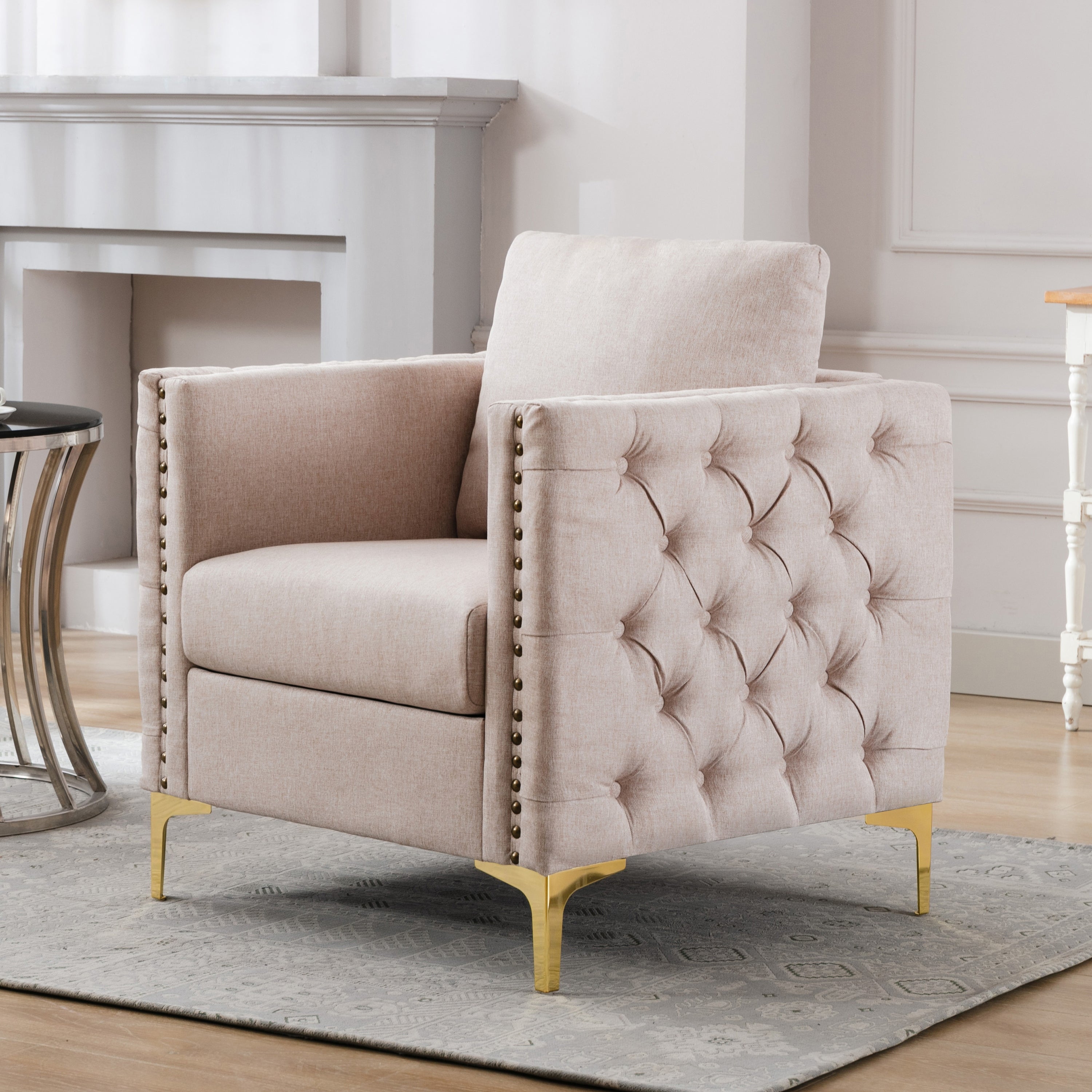 Velvet Armchair， Accent Chairs with Steel Legs， Comfy Tufted Club Chair for Living Room