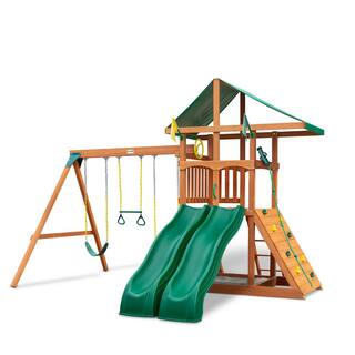 Gorilla Playsets DIY Outing III Wooden Outdoor Playset with Canopy Roof 2 Wave Slides Rock Wall and Backyard Swing Set Accessories 01-1070