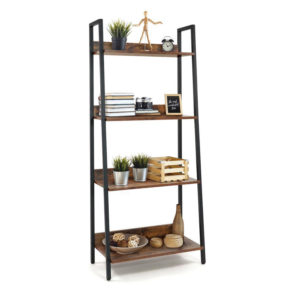 CAPHAUS 52 in. Industrial Book Shelves 24 in. Width 4-Shelf Ladder Bookcase for Home Office Living Room and Kitchen FLR-CH2412MWLD4-RUOK