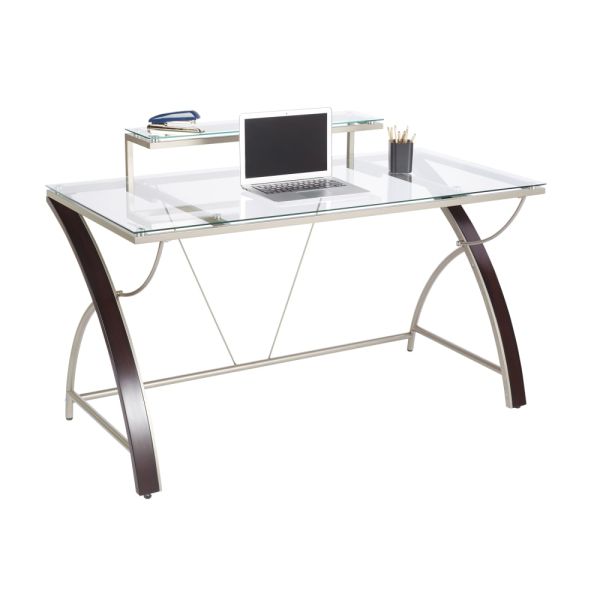 Axley 55”W Glass Computer Desk， Cherry/Silver