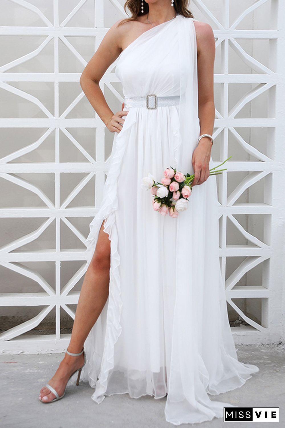 White One Shoulder Sleeveless Split Prom Dress