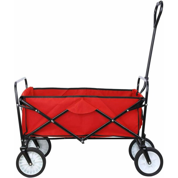 CINAK Heavy Duty Garden Cart, Collapsible Folding Outdoor Utility Wagon, Beach Soccer Field Garden Backyard Shopping Camping Cart, Red