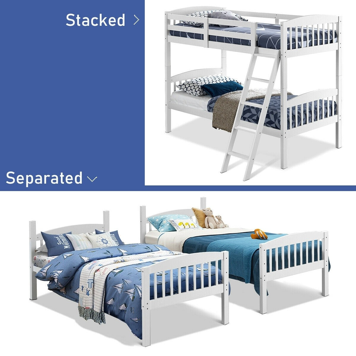 Costzon Twin Over Twin Bunk Beds, Convertible Into Two Individual Solid Rubberwood Beds (White)