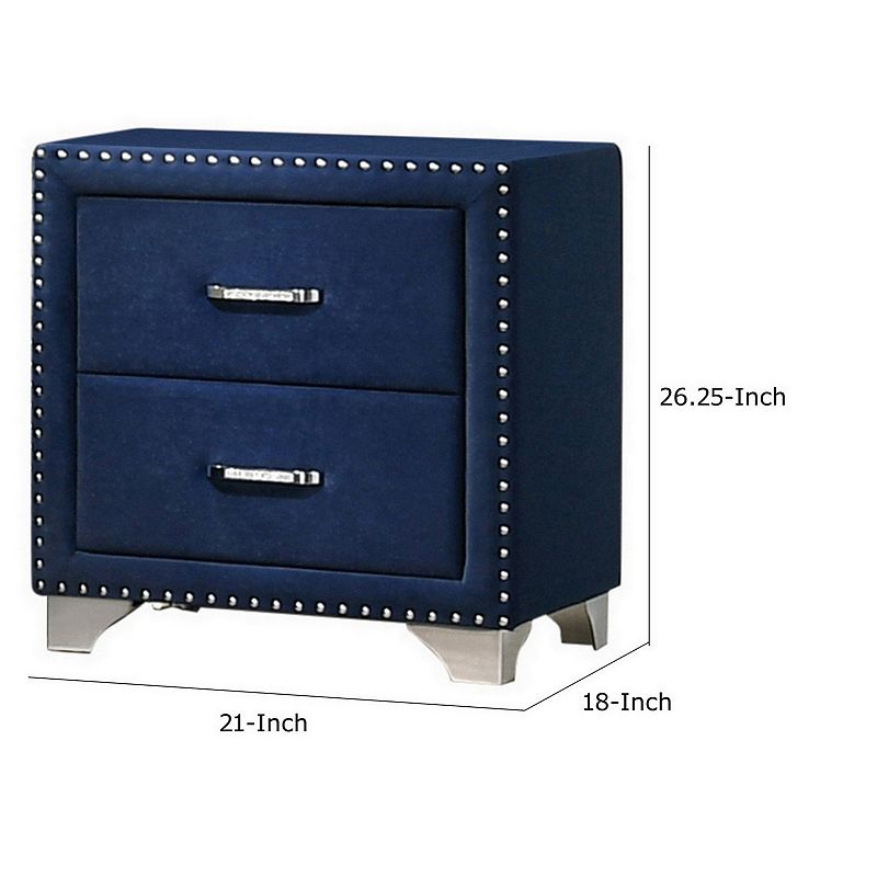 Cale 26 Inch Modern Wood Nightstand， Velvet Upholstered， Nailhead， Blue