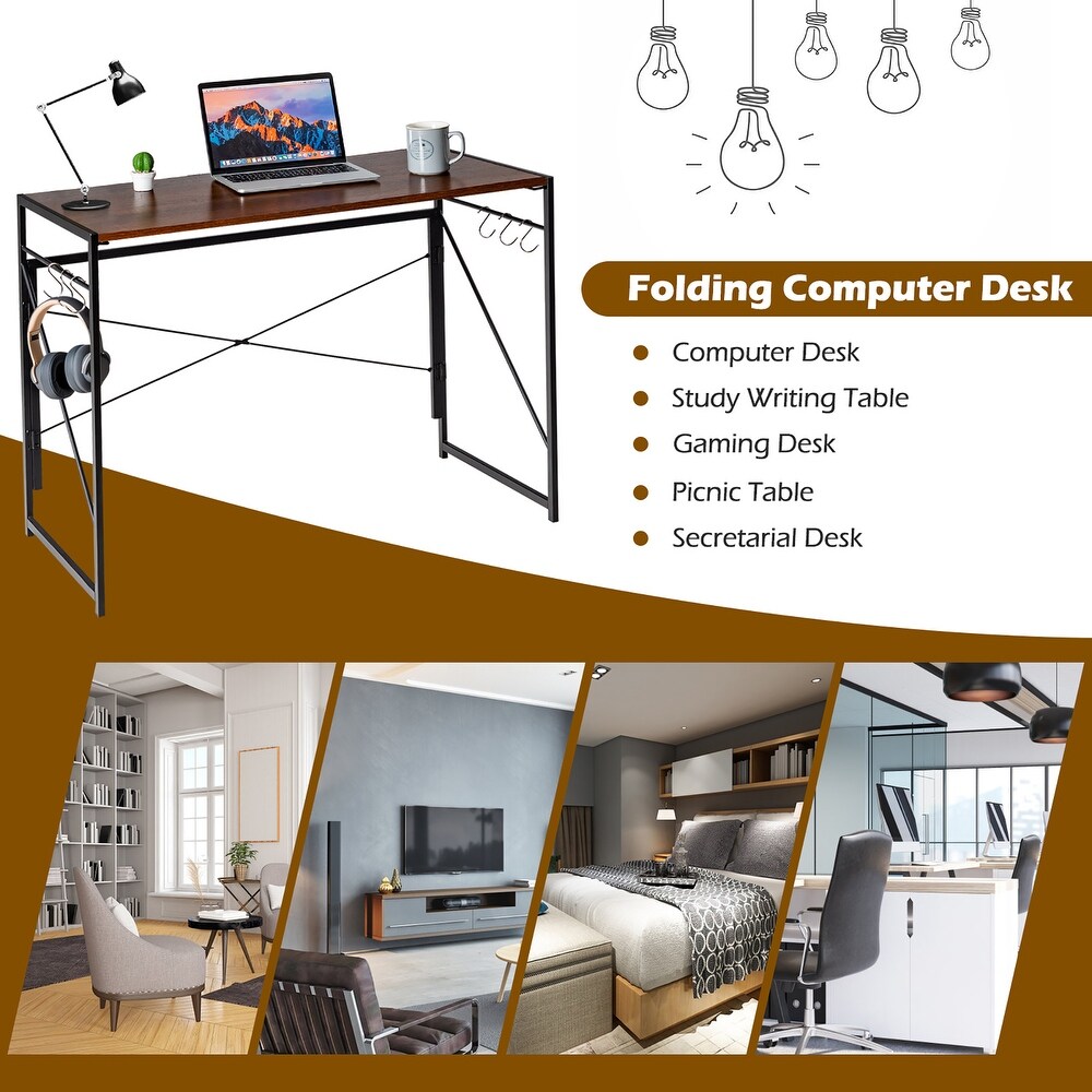 Costway Folding Computer Desk Writing Study Table w/6 Hooks Home