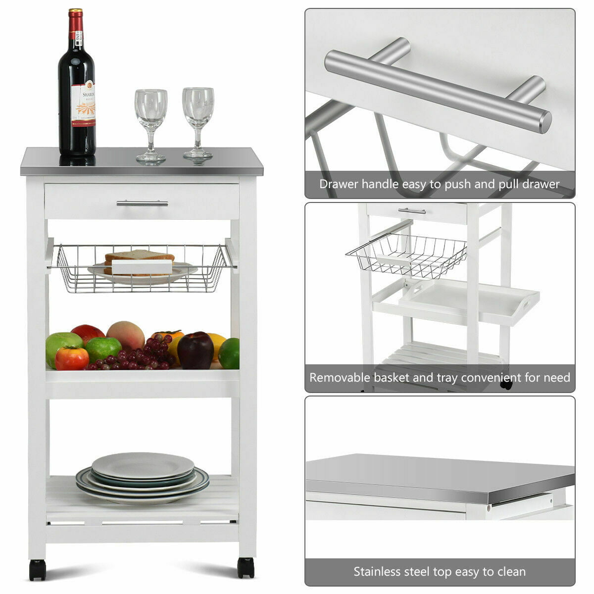 Costway Rolling Kitchen Trolley Cart Steel White Top Removable Tray W/Storage Basket andDrawers