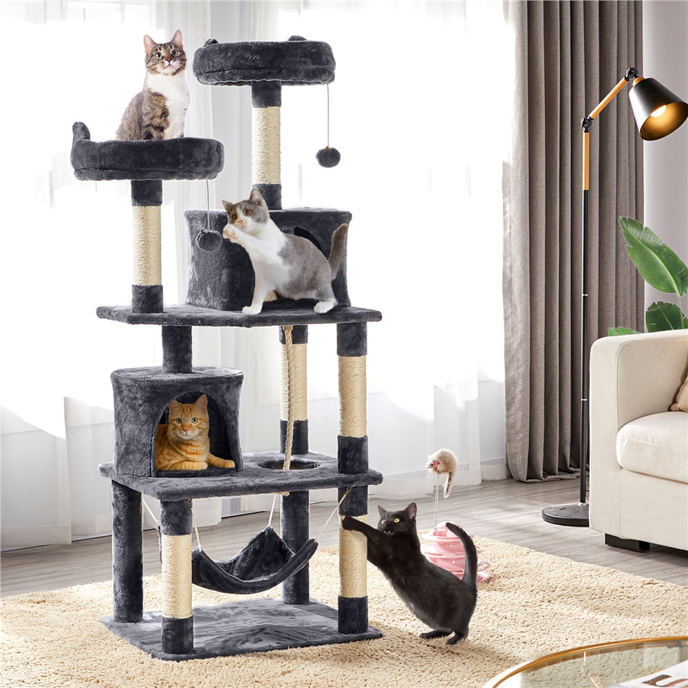 SMILE MART 62.2" Double Condo Cat Tree and Scratching Post Tower, Dark Gray