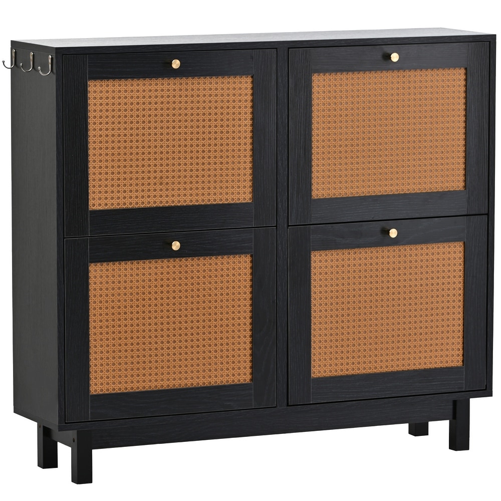 Rattan 2 Tier Shoe Cabinet with 4 Flip Drawers