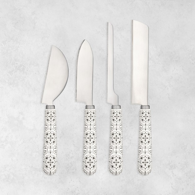 Twine 4 Piece Cheese Knives Set With Ceramic Tile Pattern Handles For Hard And Soft Cheese Bread And More Stainless Steel Blades White