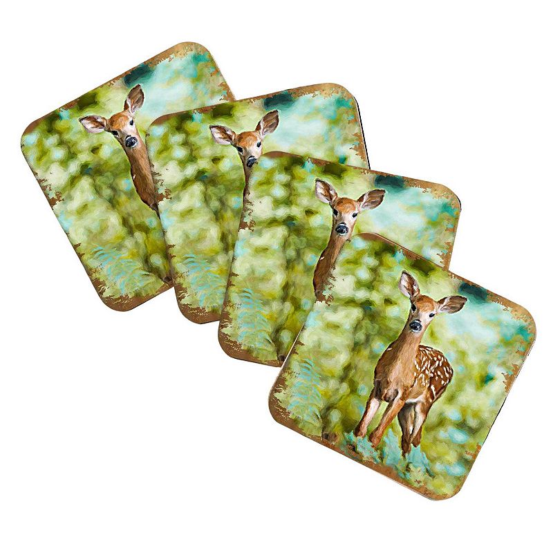 Forest Deer Wooden Cork Coasters Gift Set of 4 by Nature Wonders