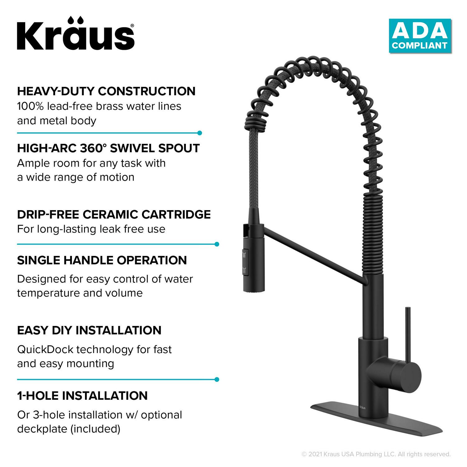 Kraus Oletto Commercial Style Pull-Down Single Handle Kitchen Faucet with QuickDock Top Mount Installation Assembly in Matte Black