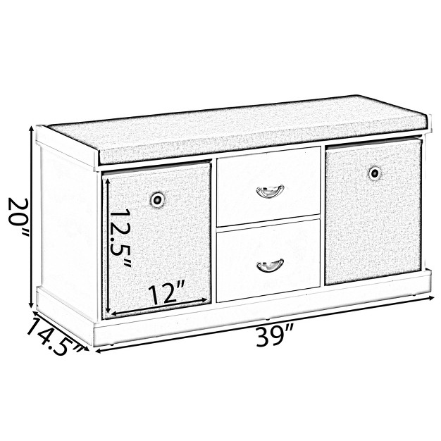 Basicwise Mdf Storage Box Shoe Bench With 2 Shelves Foldable Baskets And A Gray Cushion White