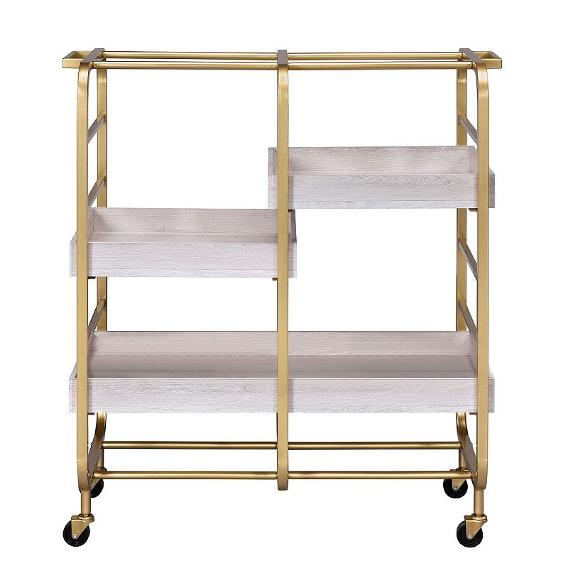 Metal Frame Serving Cart with Adjustable Compartments，Gold and Washed White