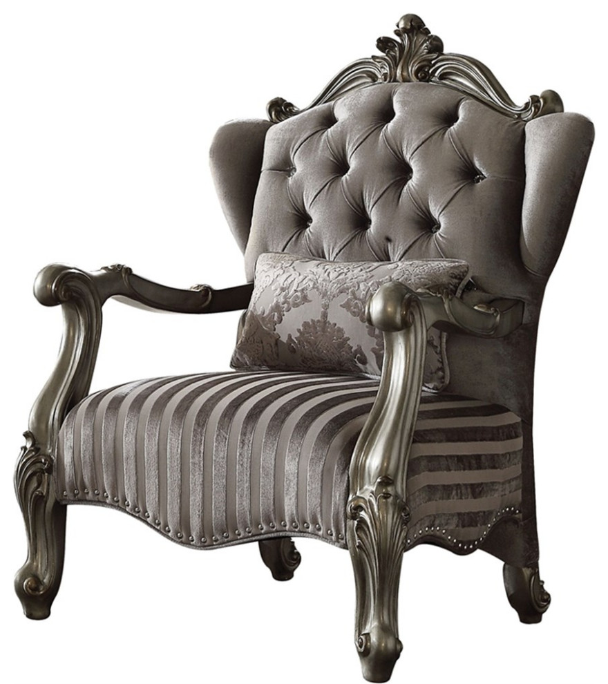 Maklaine Versailles Chair with 1 Pillow in Velvet  ampAntique Platinum   Victorian   Armchairs And Accent Chairs   by Homesquare  Houzz