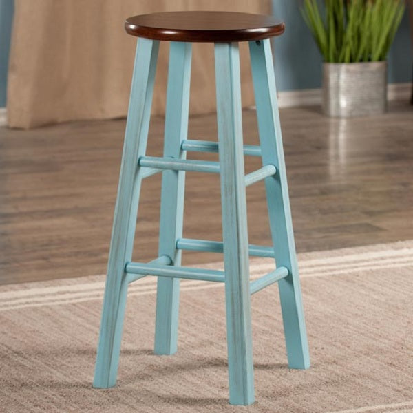 29” Rustic Light Blue Round Counter Barstool with Walnut Seat