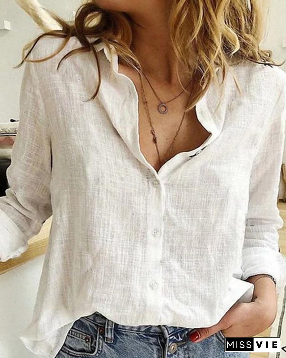 Women Vintage Cotton-Blend Blouse Shirts