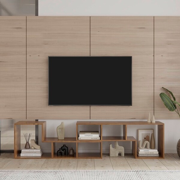 Double L-Shaped TV Stand Display Shelf Bookcase for Home Furniture Walnut