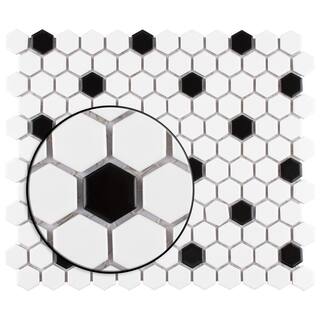 Merola Tile Madison Hex 1 in. Matte Cool White wBlack Dot 10-14 in. x 11-78 in. Porcelain Mosaic (8.6 sq. ft.Case) FTC1MMCWD