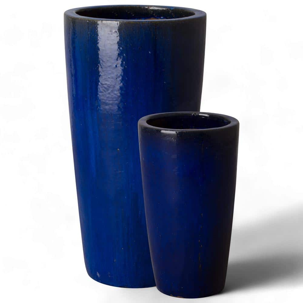 Emissary 13 in. D x 22.5 in. H Blue Ceramic Round Planter with Drainage Hole 12132BL-1