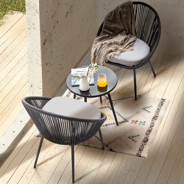 Outdoor 3 Pieces Patio Woven Rope Bistro Set with Cushions