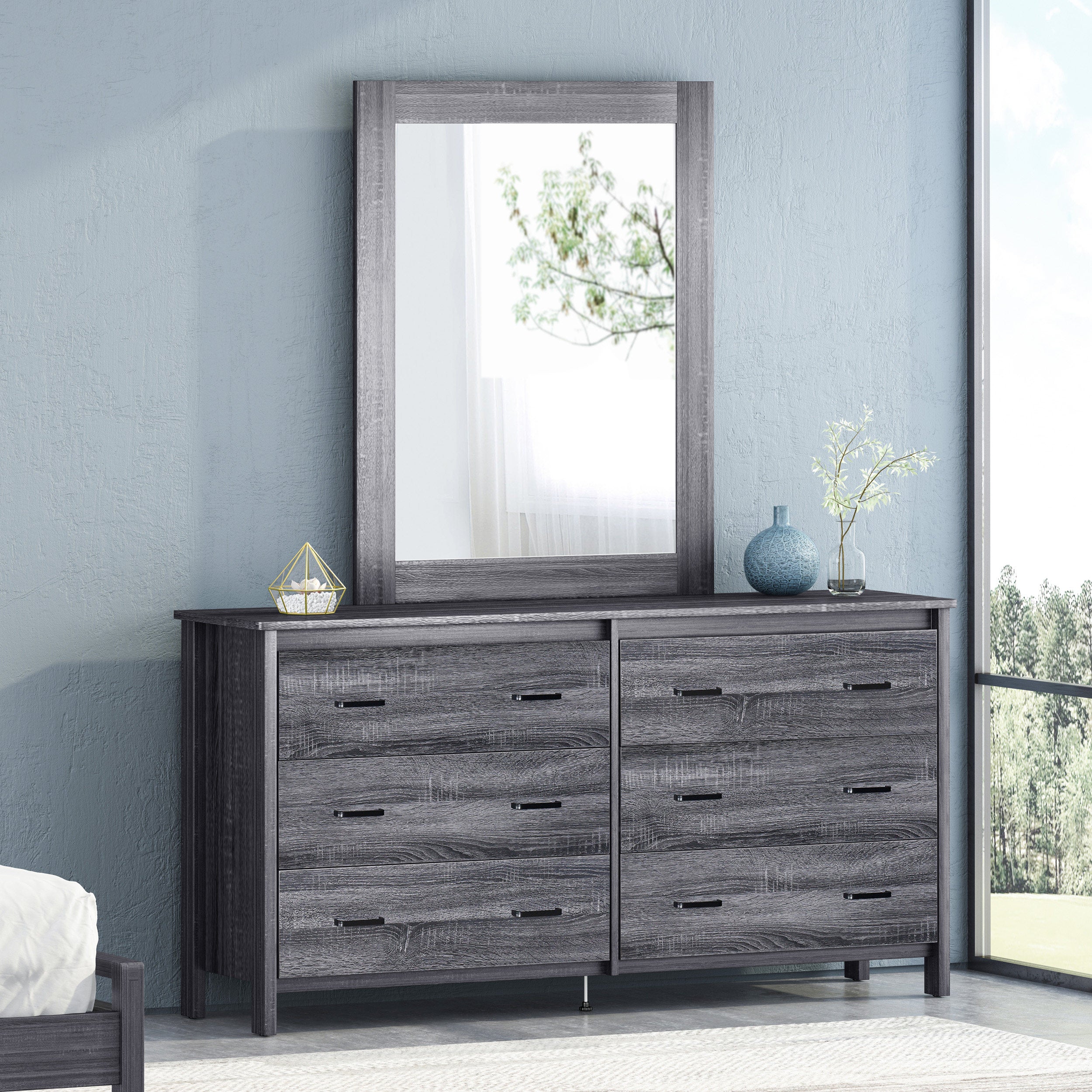 Titeca Contemporary 6 Drawer Vanity Dresser with Rectangular Mirror