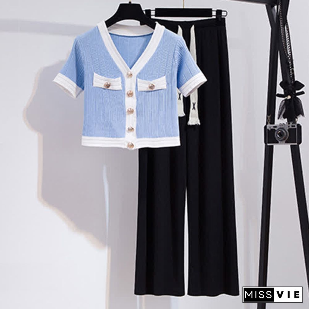 V-neck Cardigan Crop T-Shirt Drawstring Casual Pants