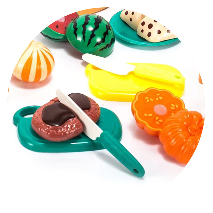 Cutting Food Play Set toys with basket, for Kids Pretend Kitchen Toys Cutting Fruits Vegetables, Pizza, Hamburger 26 Pieces and accessories for +3 Years Girls and Boys.