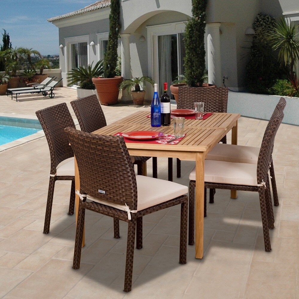 Luxemburg 7 Piece Outdoor Dining Set Teak Wicker Rectangular Patio Furniture With Off White Cushions