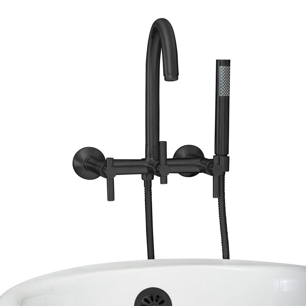 PELHAM  WHITE Modern 3-Handle Wall Mount Tub Faucet with Handshower and Hose Metal Levers in Matte Black PW82565-L-MB