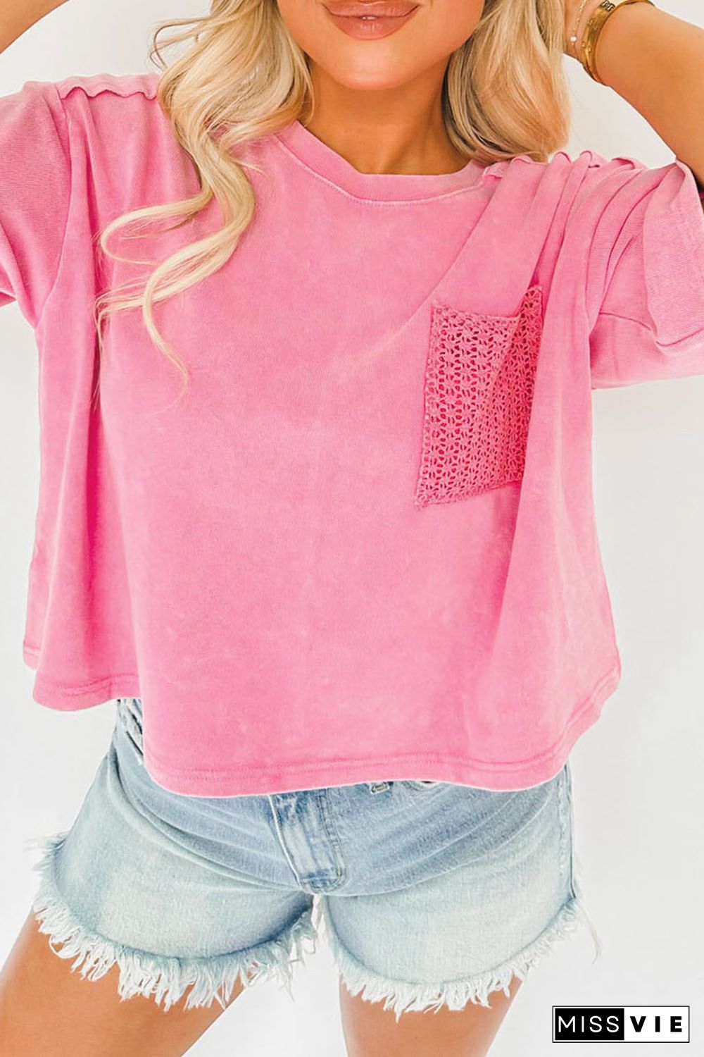 Pink Acid Wash Lace Patch Pocket T-Shirt