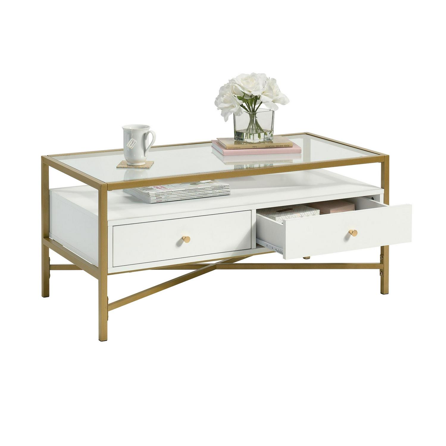 Curiod Glass Top Gold Metal Rectangular Coffee Table with Storage White Finish  Crowdfused