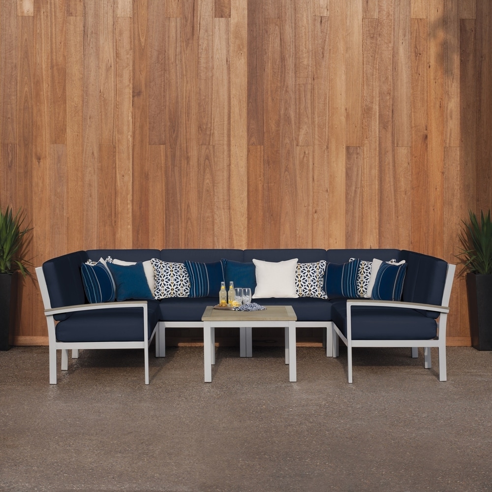 Oxford Garden Travira 7 piece Loveseat   Table Chat Set   Midnight Blue Cushion  Vintage Tekwood