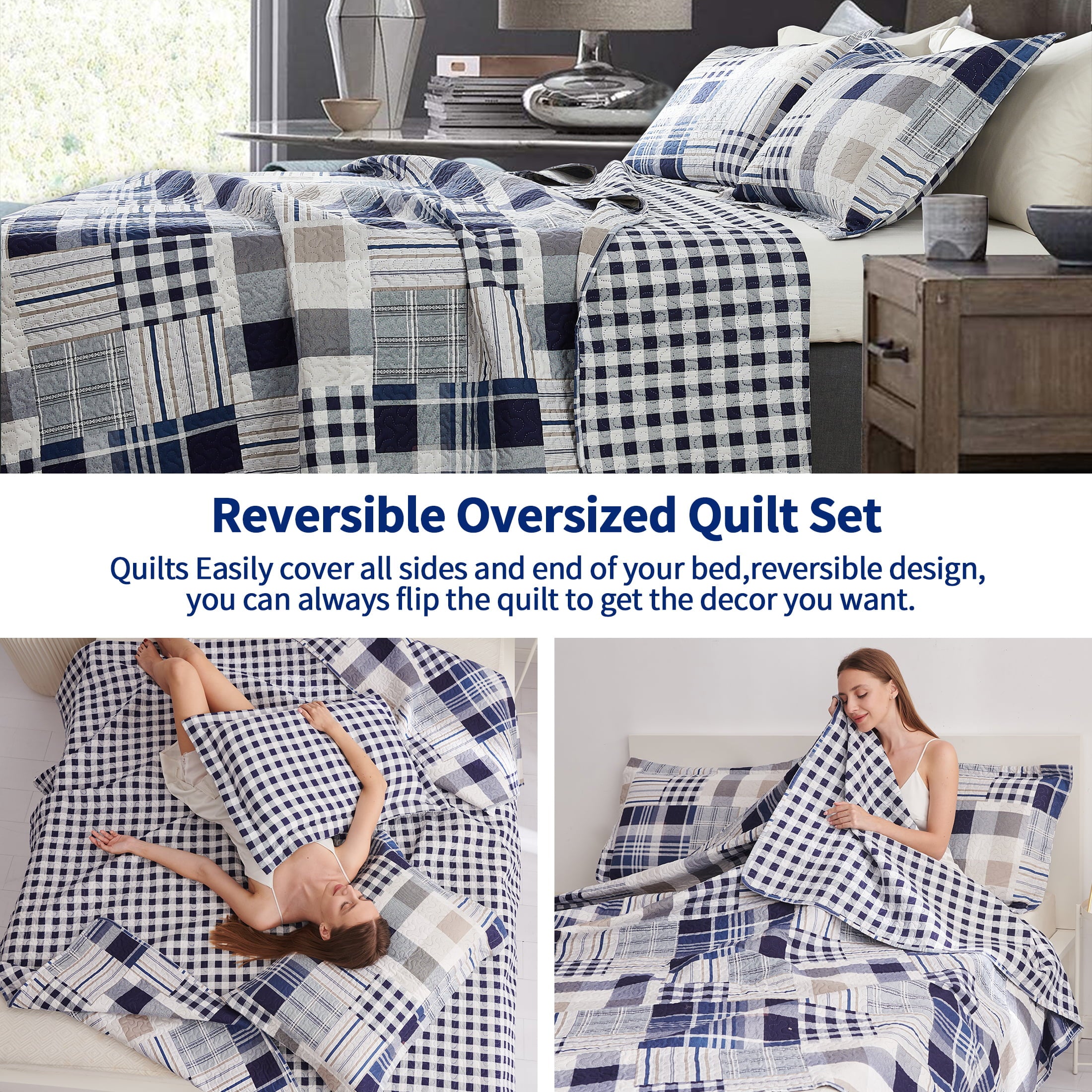 Jessy Home Queen/Full Size Plaid Bedspread Coverlet Buffalo Plaid Patchwork Quilt Navy Blue Bedding