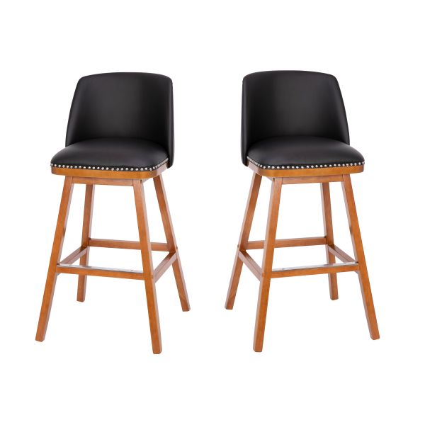 Julia Set of 2 Transitional 30 Inch LeatherSoft Upholstered Barstools with Silver Nailhead Trim and Walnut Finish Solid Wood Frames， Black