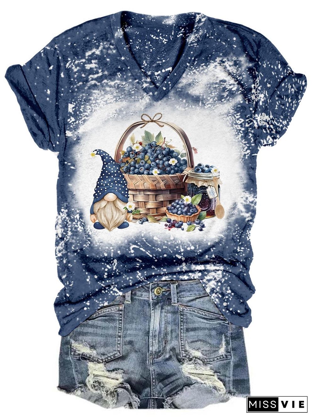 Blueberry Jam Gnome Tie Dye V Neck T-Shirt