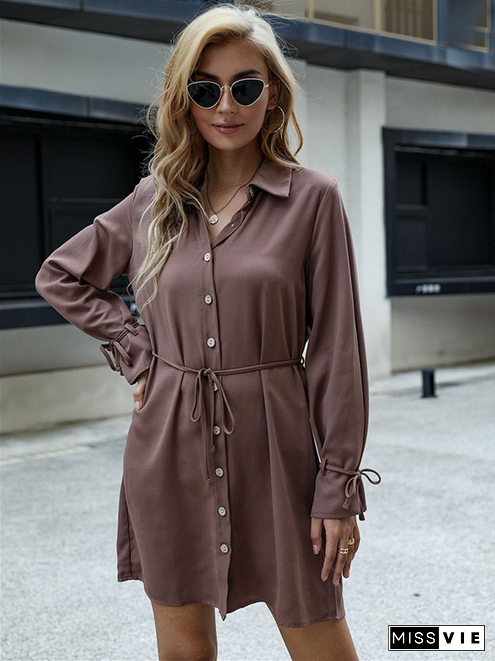 New Solid Lapel Lace Up Long Sleeved Shirt Dress