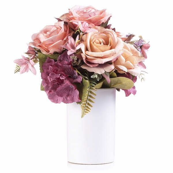 Enova Home Artificial Silk Roses and Hydrangea Fake Flowers Arrangement in Ceramic Vase with Faux Water for Home Wedding Decor