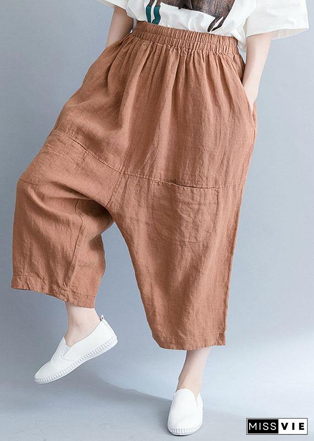 summer new khaki cotton linen pants plus size elastic waist crop pants